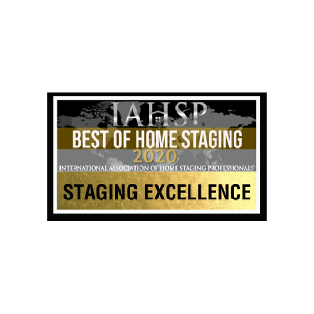 IAHSP award plaque reading “Best of Home Staging 2020” and “Staging Excellence” in black, gold, and white