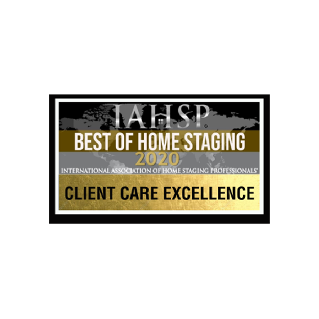 Award plaque reading “IAHSP Best of Home Staging 2020 Client Care Excellence” in gold and black