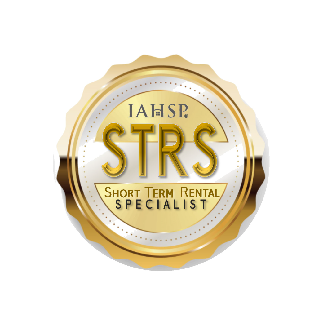 Gold seal logo reading “IAHSP STRS” with “Short Term Rental Specialist” on a white background