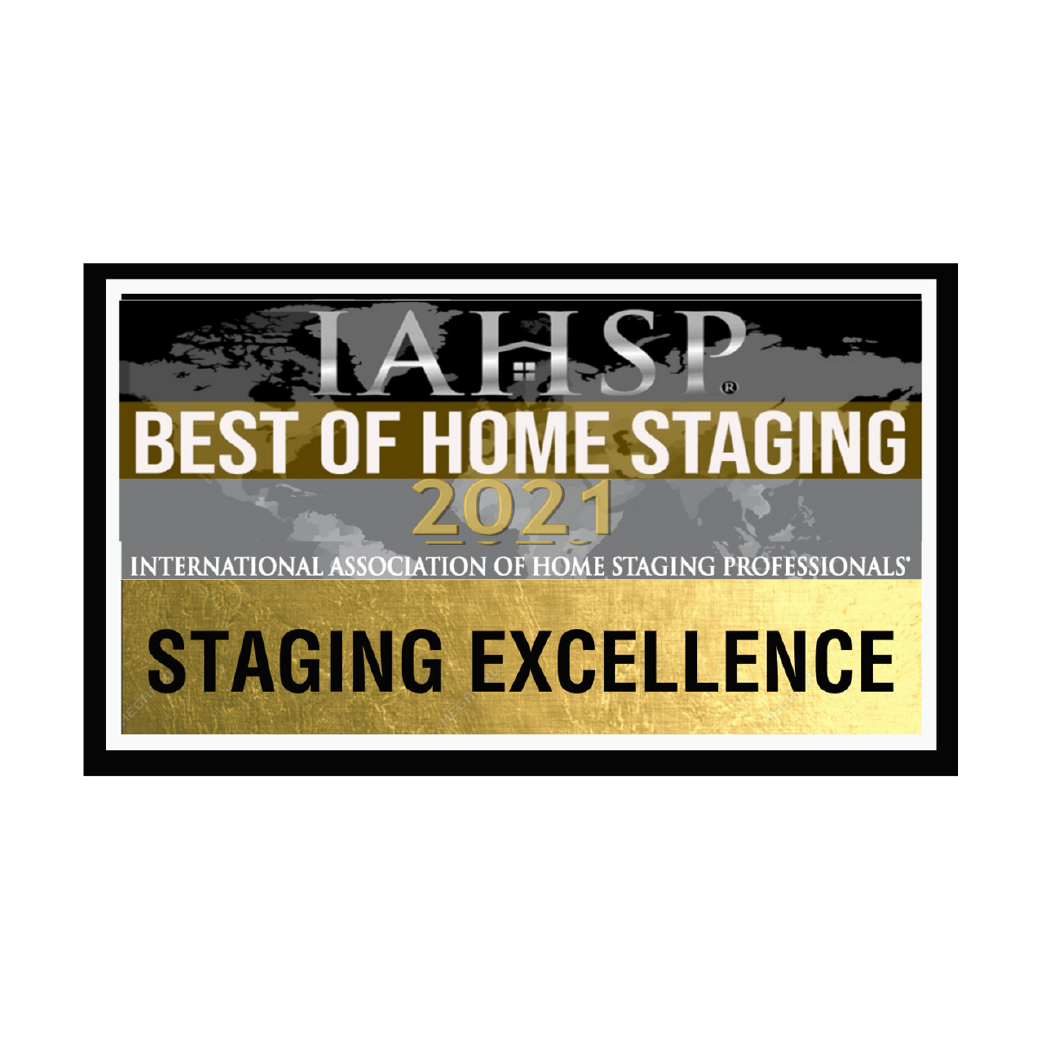 IAHSP “Best of Home Staging 2021” Staging Excellence award badge in black, gold, and white