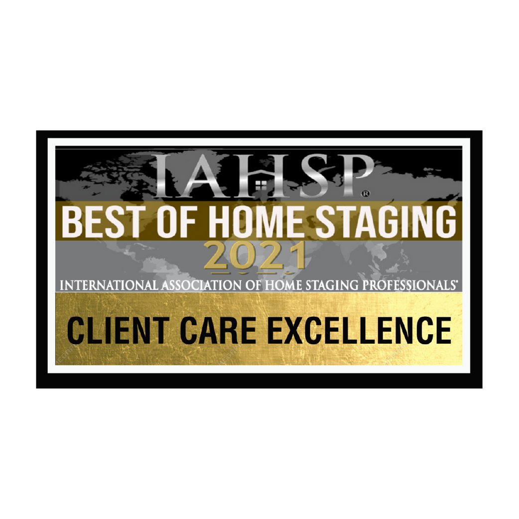 IAHSP award badge: Best of Home Staging 2021, Client Care Excellence, black and gold