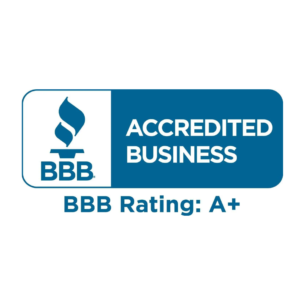 BBB Accredited Business badge with BBB Rating: A+ in blue and white.