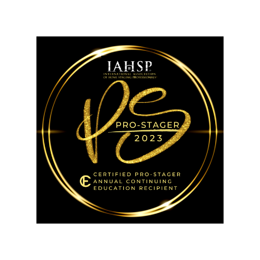 Black and gold IAHSP Pro-Stager 2023 certification badge with circular emblem and decorative script