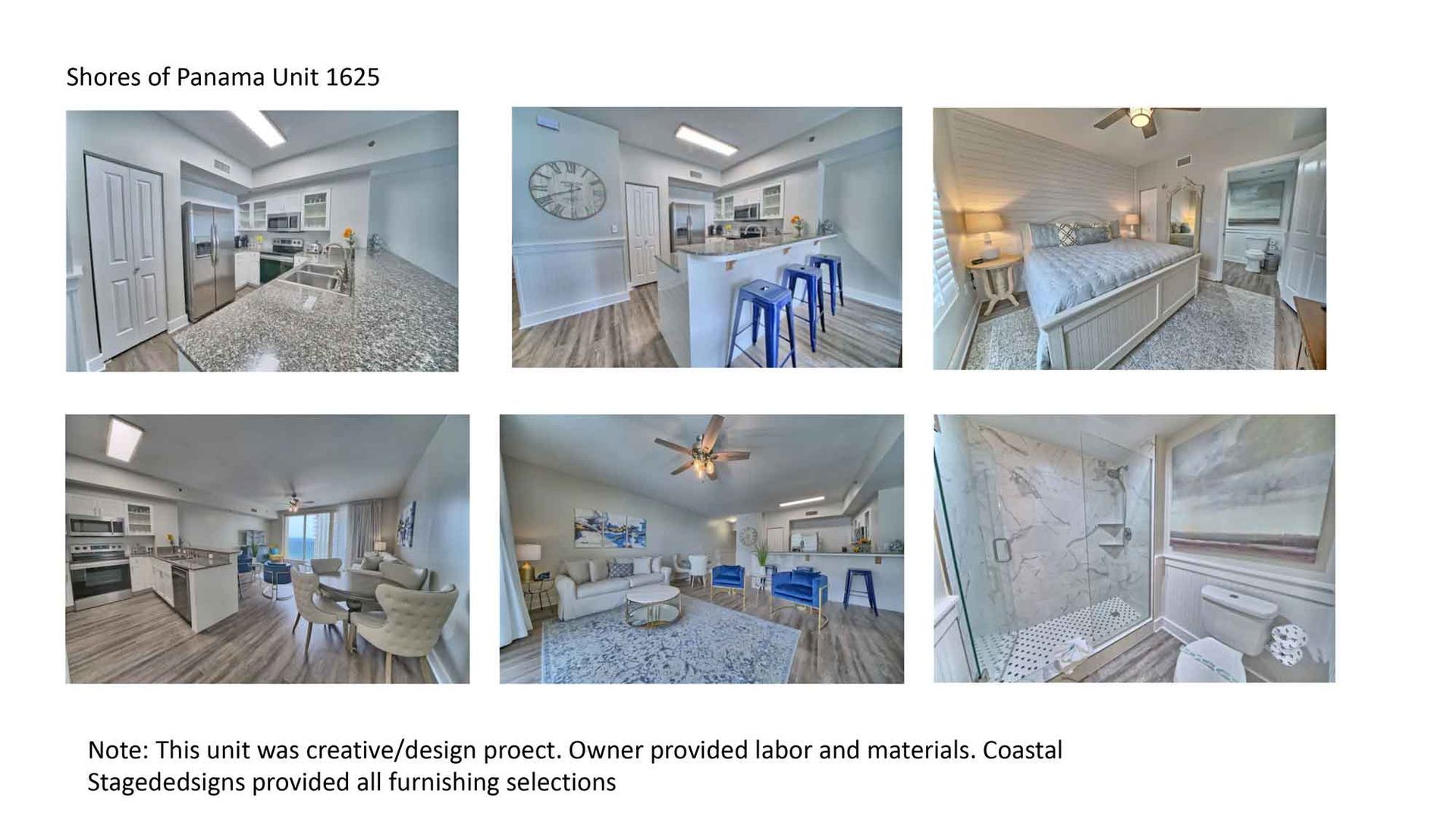 Collage of bright white and blue coastal-style bedrooms and living spaces with beach views