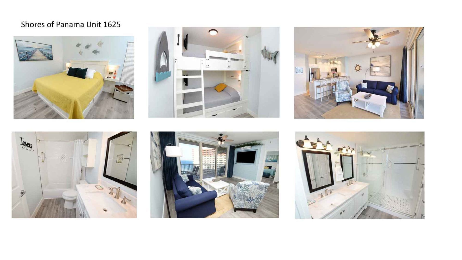 Collage of bright bedroom and bathroom interiors with white, blue, and yellow decor.
