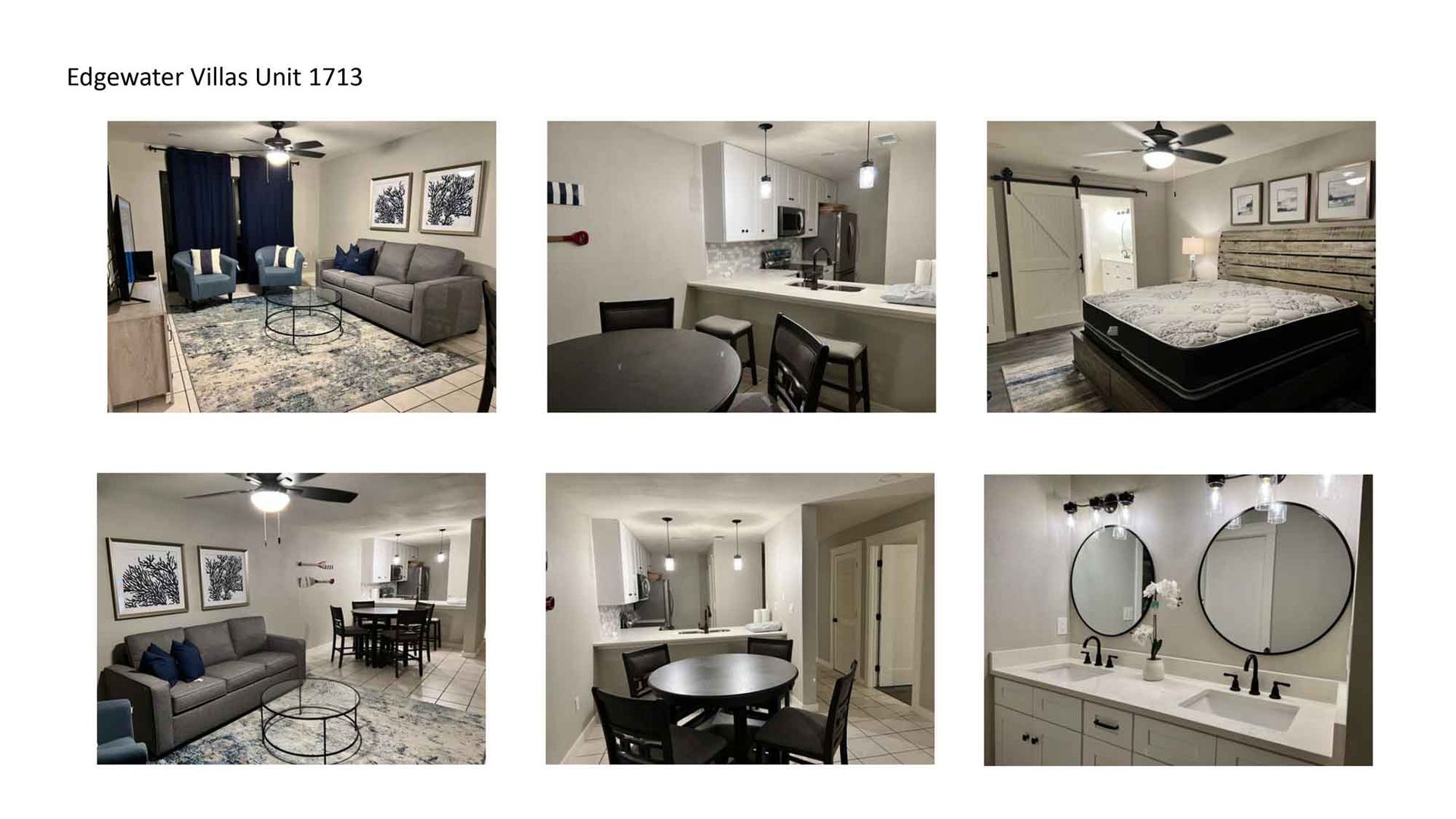 Collage of six modern apartment interiors with living room, kitchen, bedroom, dining area, and vanity bathroom.