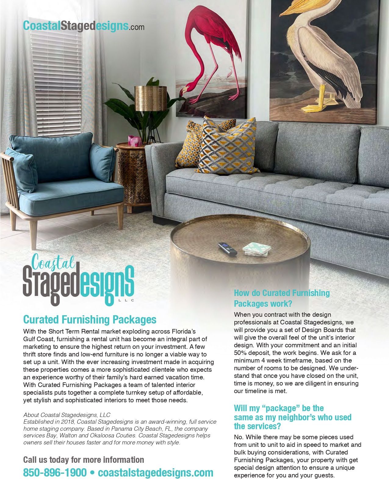 Living room staging ad with blue chair, gray sofa, glass table, and flamingo wall art