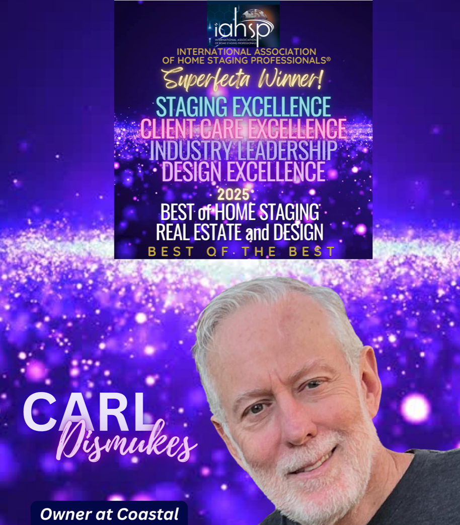 Promo graphic with Carl Dismukes, purple bokeh background, and award text for staging, design, and leadership