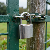 Een zilverkleurig hangslot beveiligt een ketting aan een groene poort naast een verweerde houten paal.