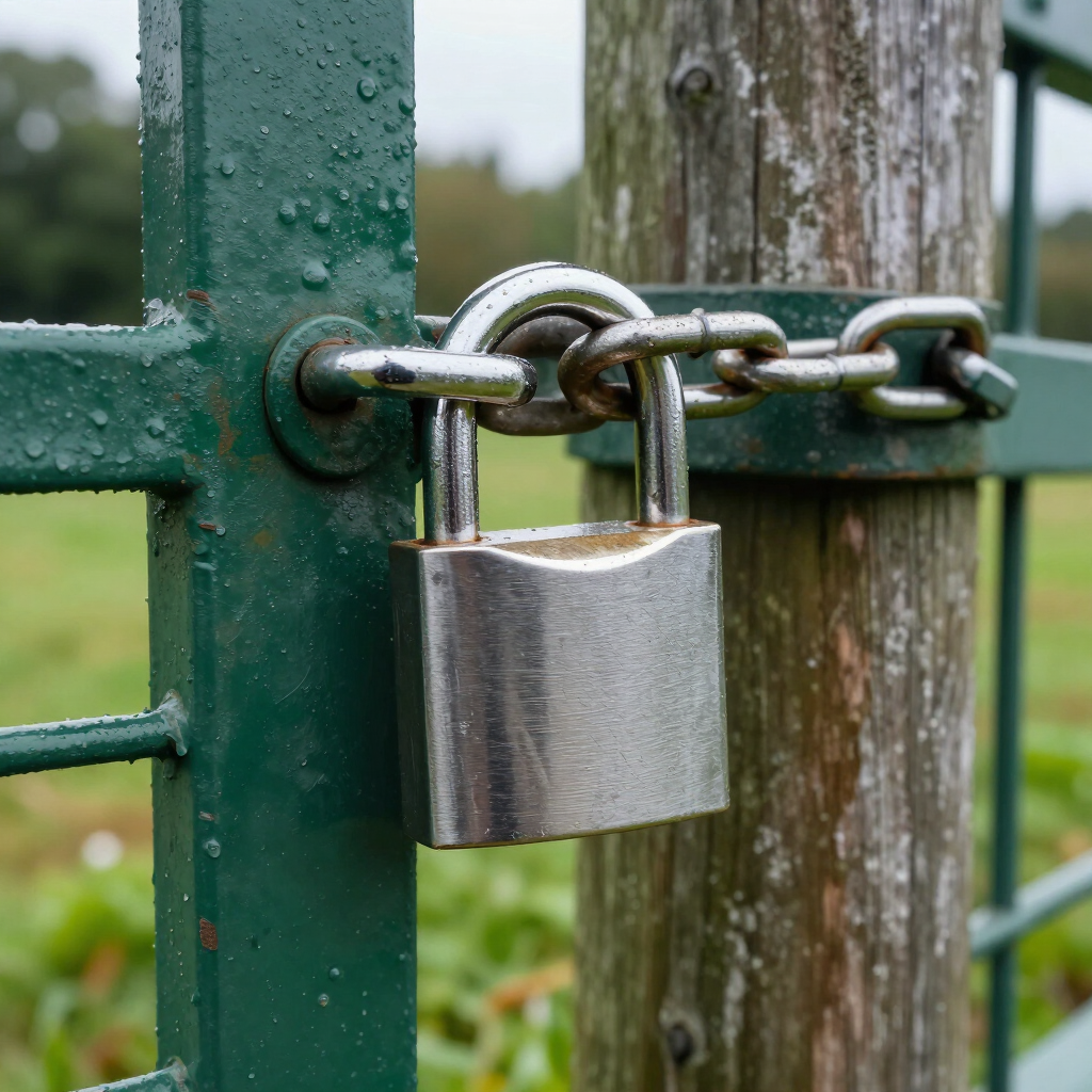 Een zilverkleurig hangslot beveiligt een ketting aan een groene poort naast een verweerde houten paal.