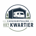 Logo voor Caravanstalling Het Kwartier met een witte camper in een donkerblauwe garage.