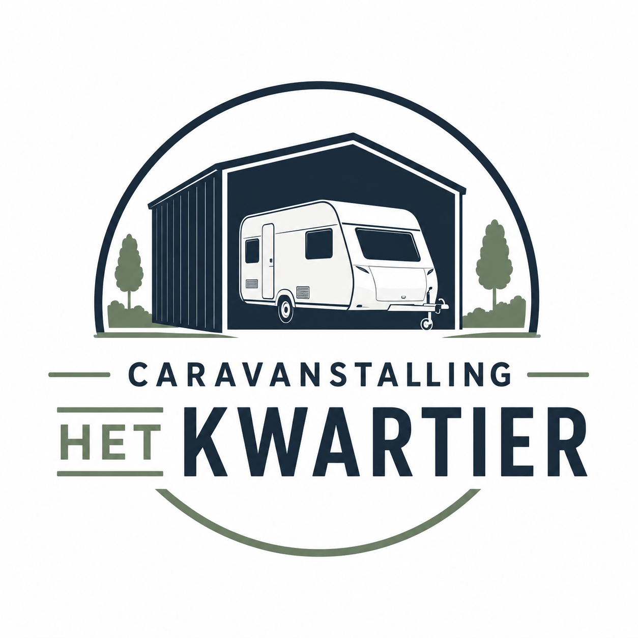 Logo voor Caravanstalling Het Kwartier met een witte camper in een donkerblauwe garage.
