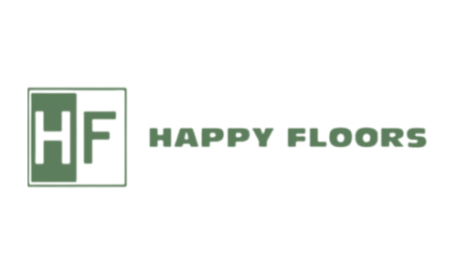 The logo for happy floors is green and white.