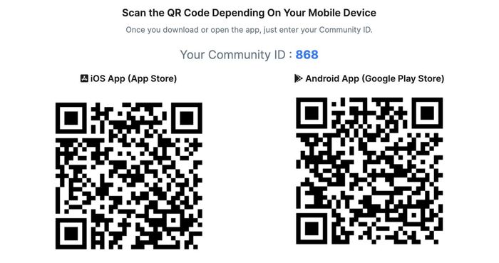 Two qr codes are shown on a white background. Delivering the Community Clicker App.
