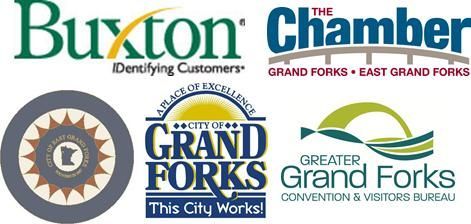 A group of logos for buxton chamber grand forks and greater grand forks