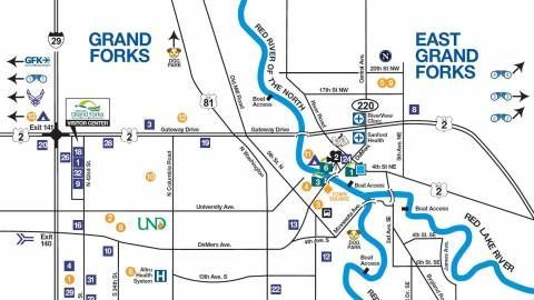 A map showing the location of grand forks and east grand forks