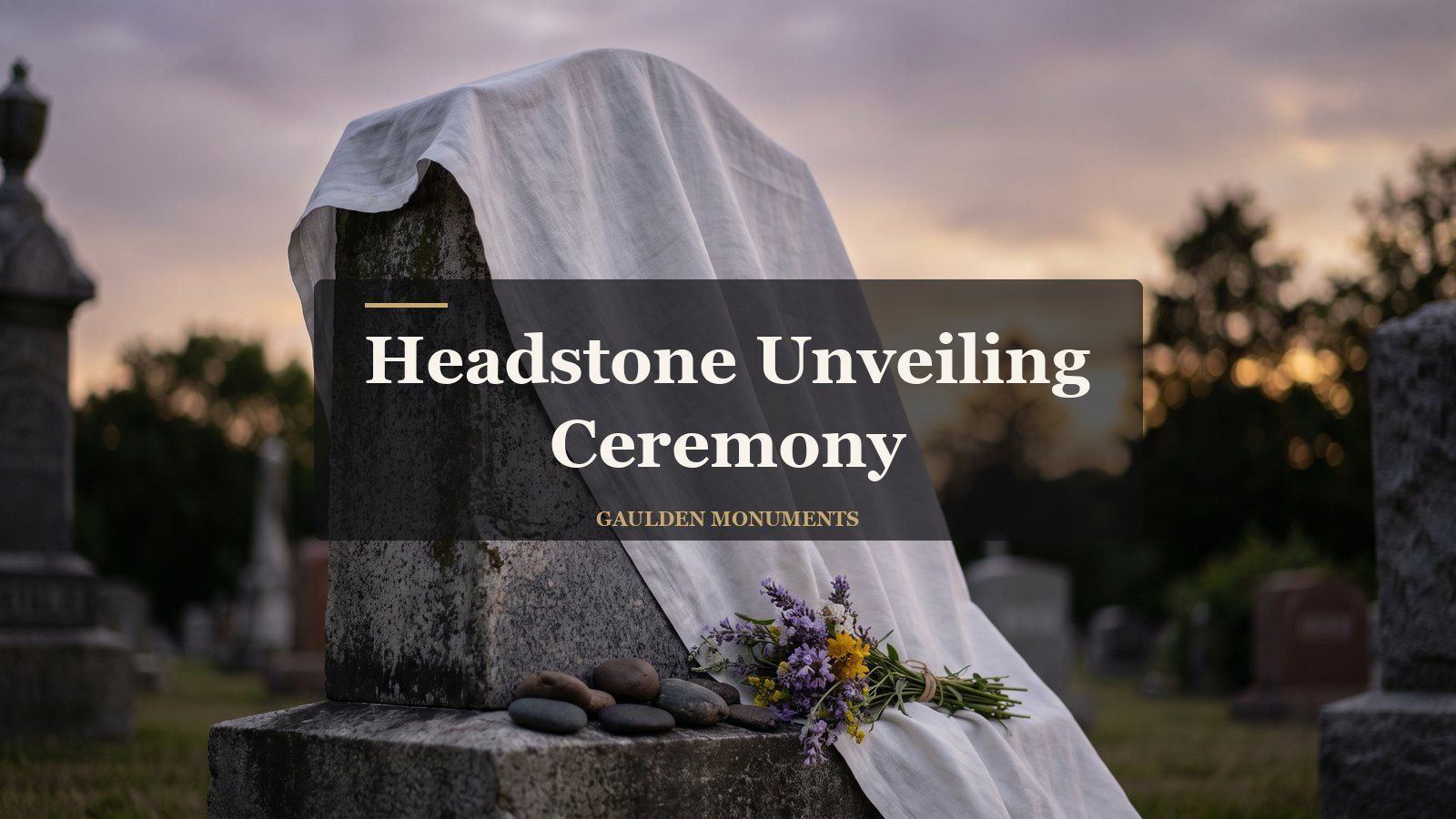 Headstone unveiling ceremony: granite headstone draped in white cloth at dusk, Gaulden Monuments