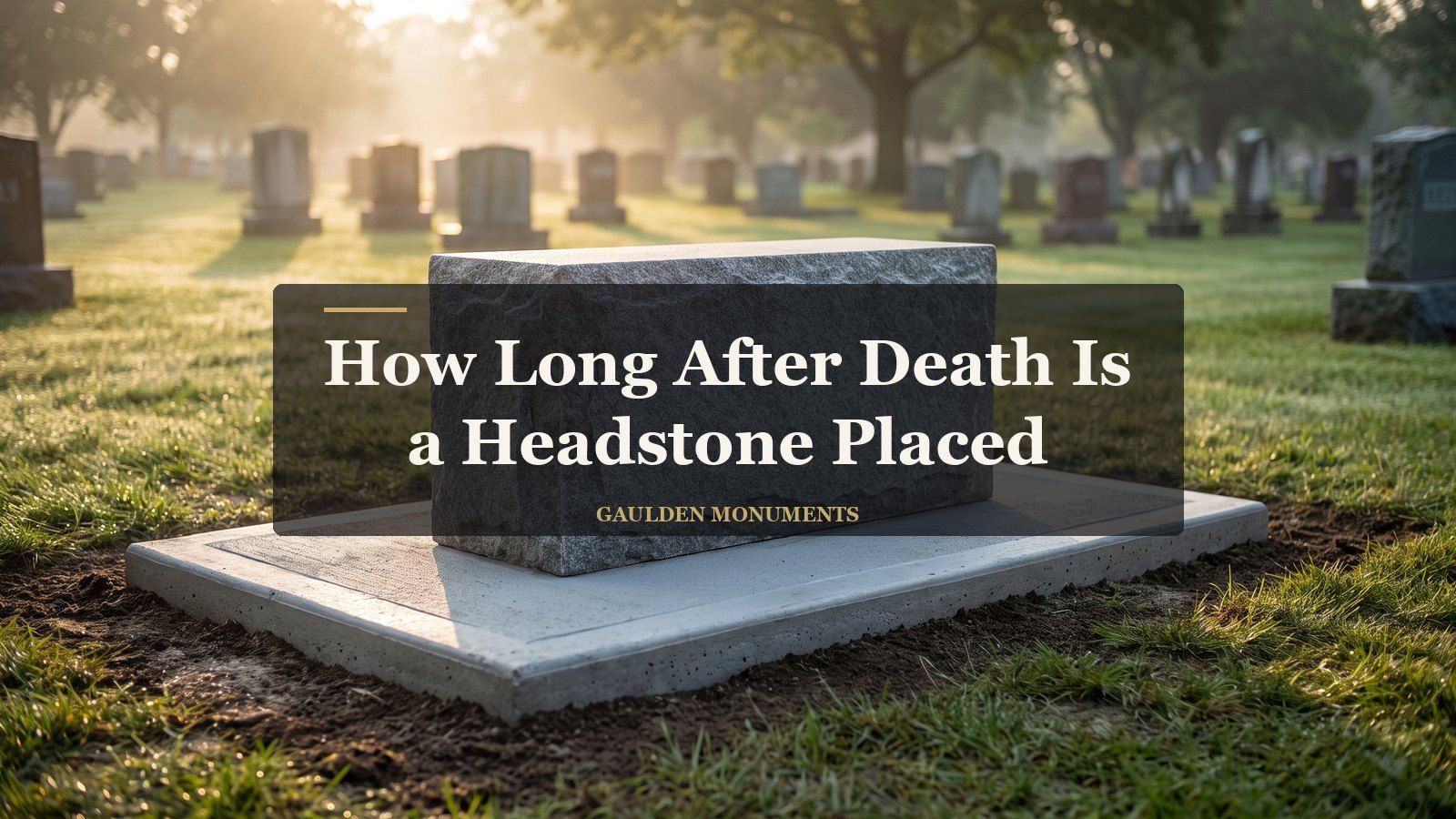 How long after death is a headstone placed: newly set granite monument in morning mist