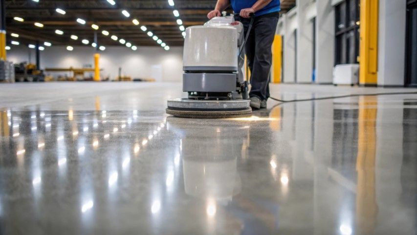Person operating a floor buffer on a glossy warehouse floor with bright overhead lights