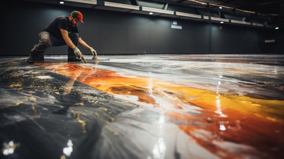 Person smoothing a glossy black-and-orange surface in a dim industrial workshop