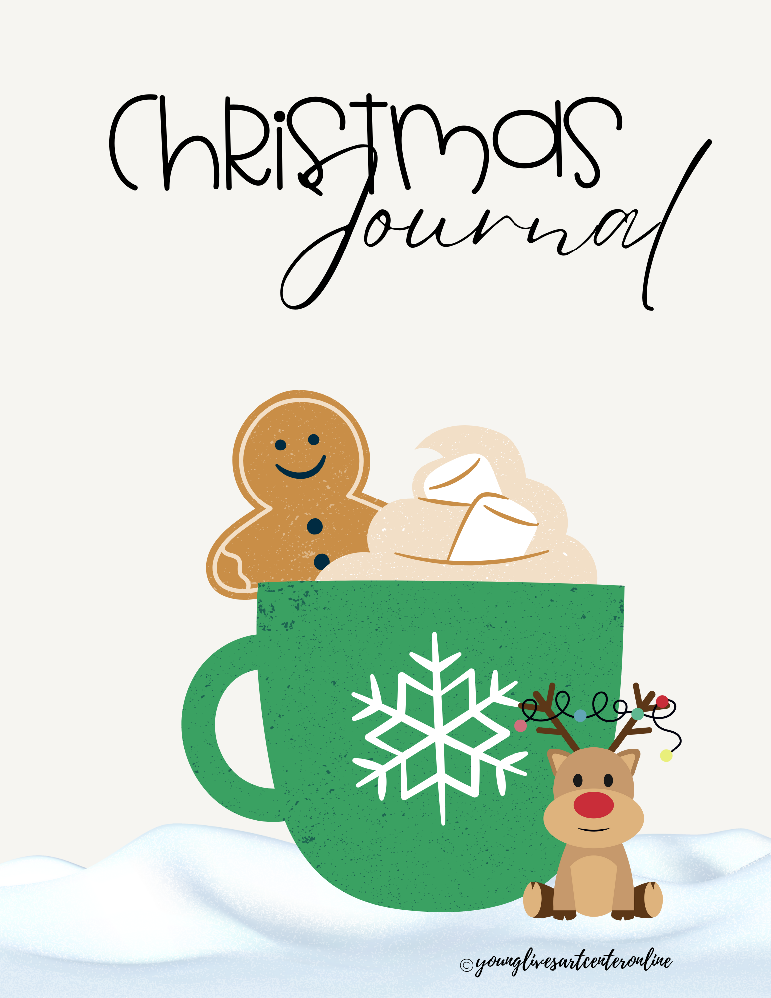 Christmas journal cover: green mug with snowflake, gingerbread man, reindeer, whipped cream, and snow.