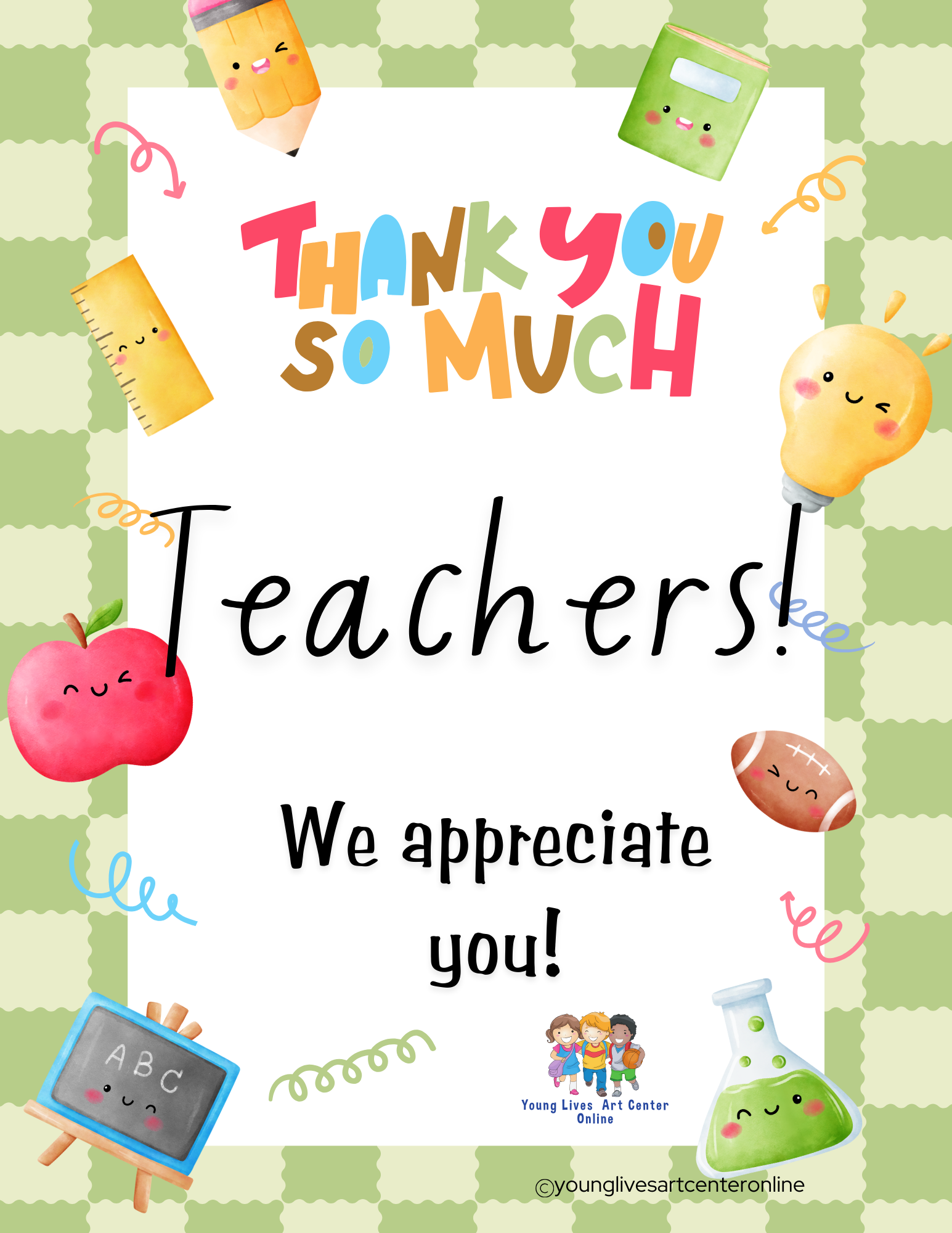 Thank you card for teachers with school supplies. Text reads 