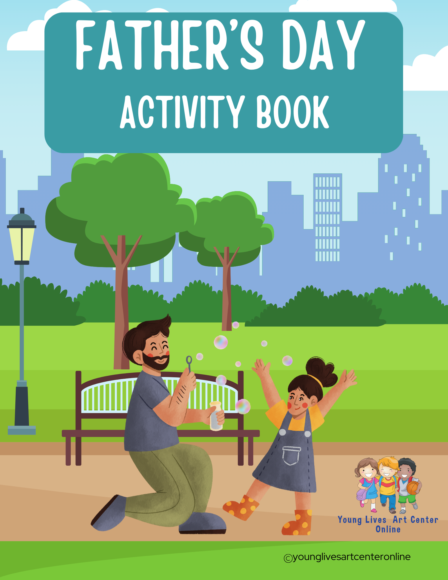 Father's Day activity book cover: Father and child playing with bubbles in a park setting.