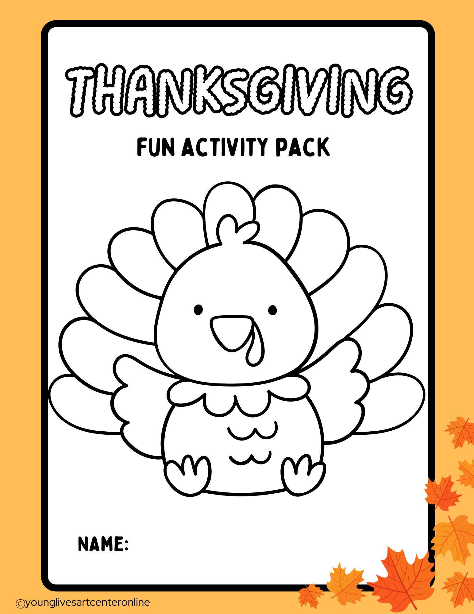 Thanksgiving activity pack cover with outline of a turkey and fall leaves.