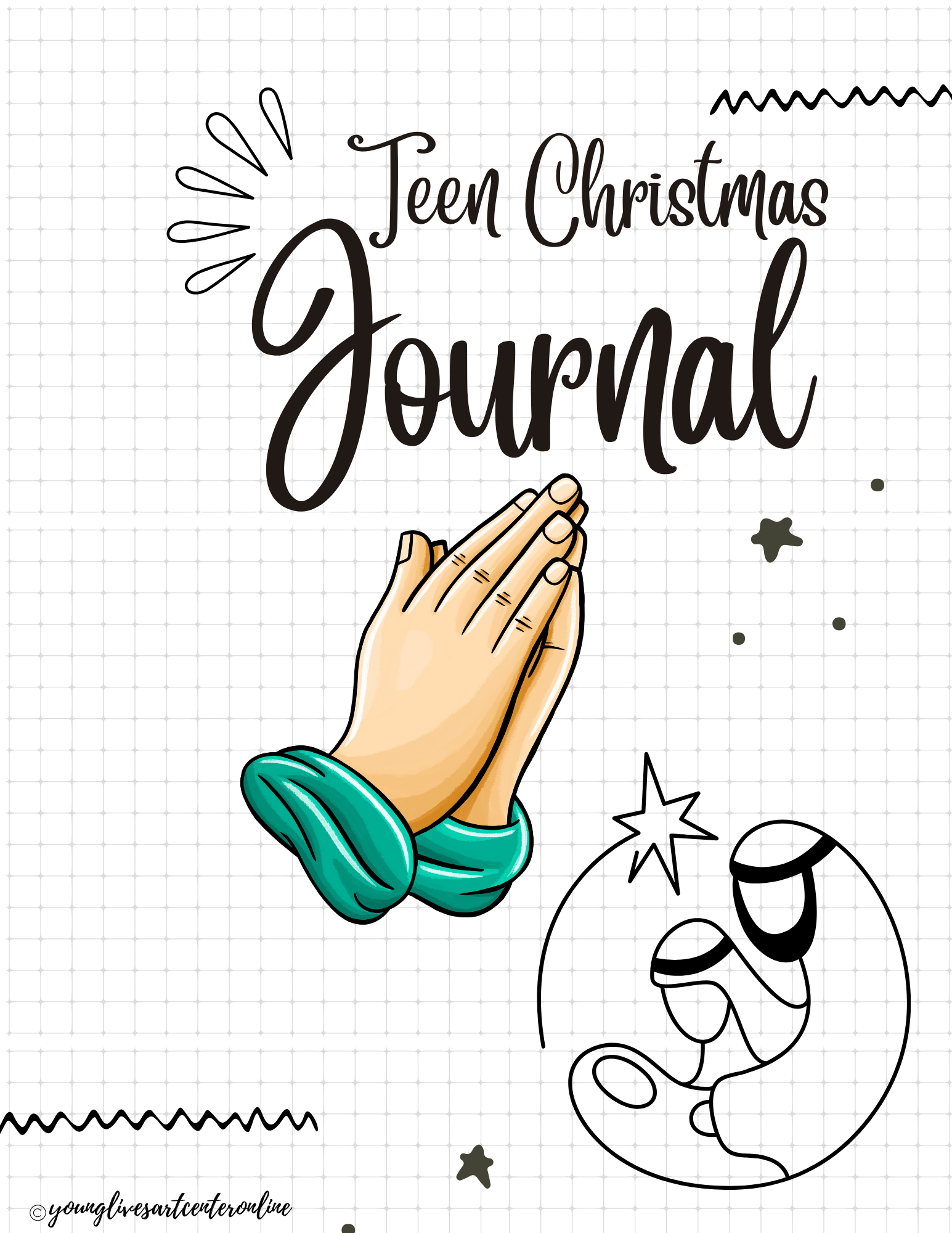 Teen Christmas Journal cover. Hands clasped in prayer, outlined nativity scene, and stars on a graph paper background.