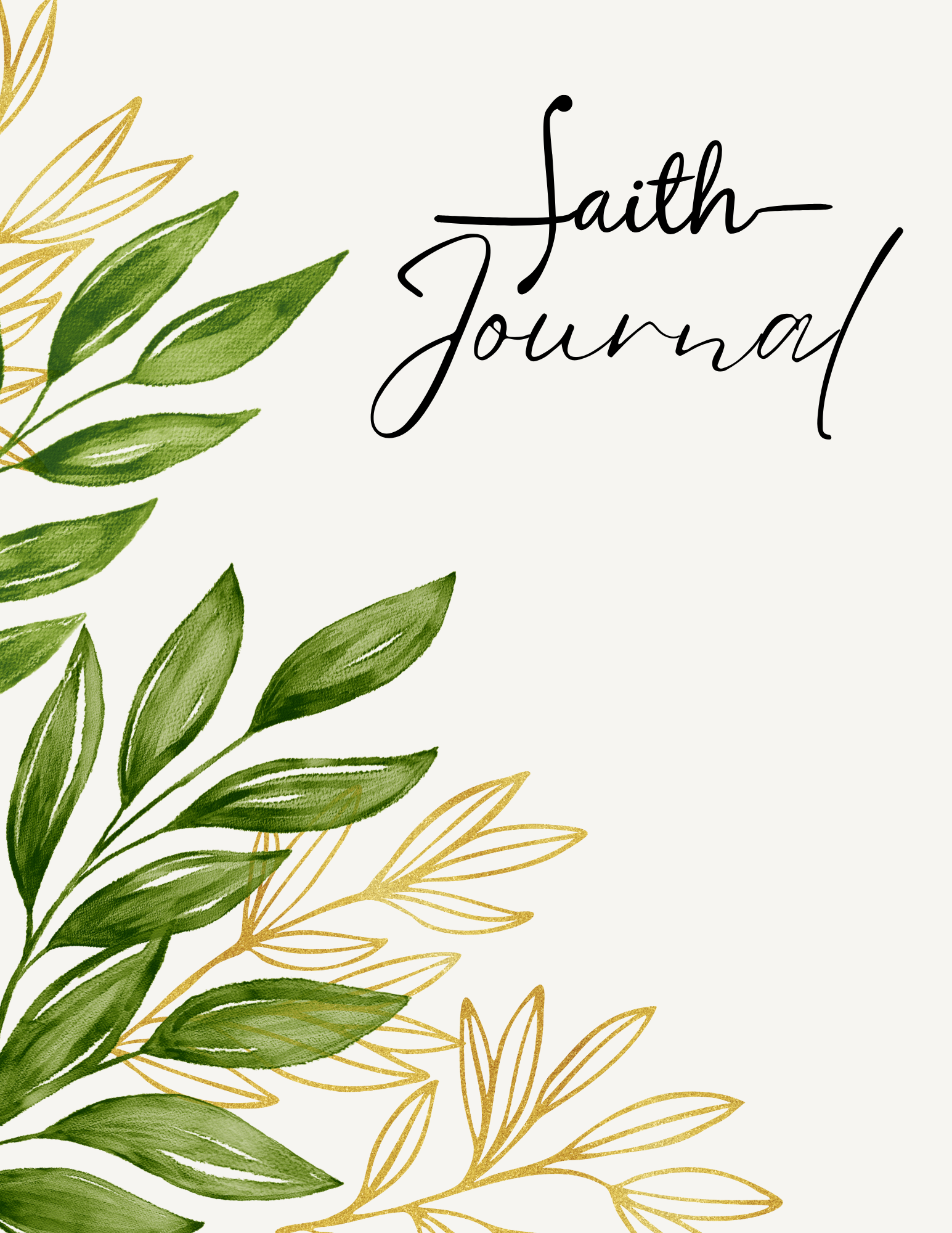 Faith journal with green and gold leaf illustrations on white background.