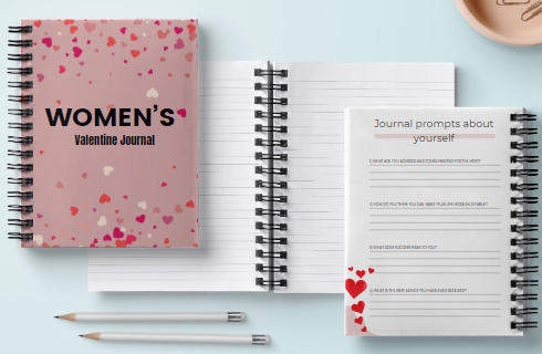 Valentine's Day journal with open pages, pencils, and pink heart accents on a light blue surface.