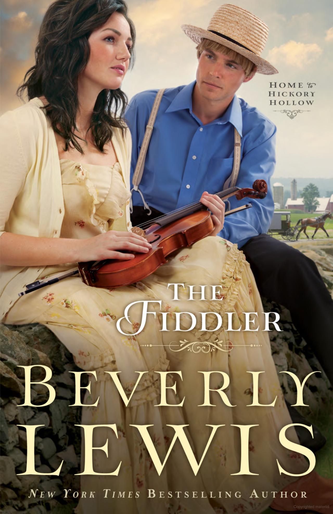 Book cover: Woman holding violin, man with suspenders, rural setting, text 