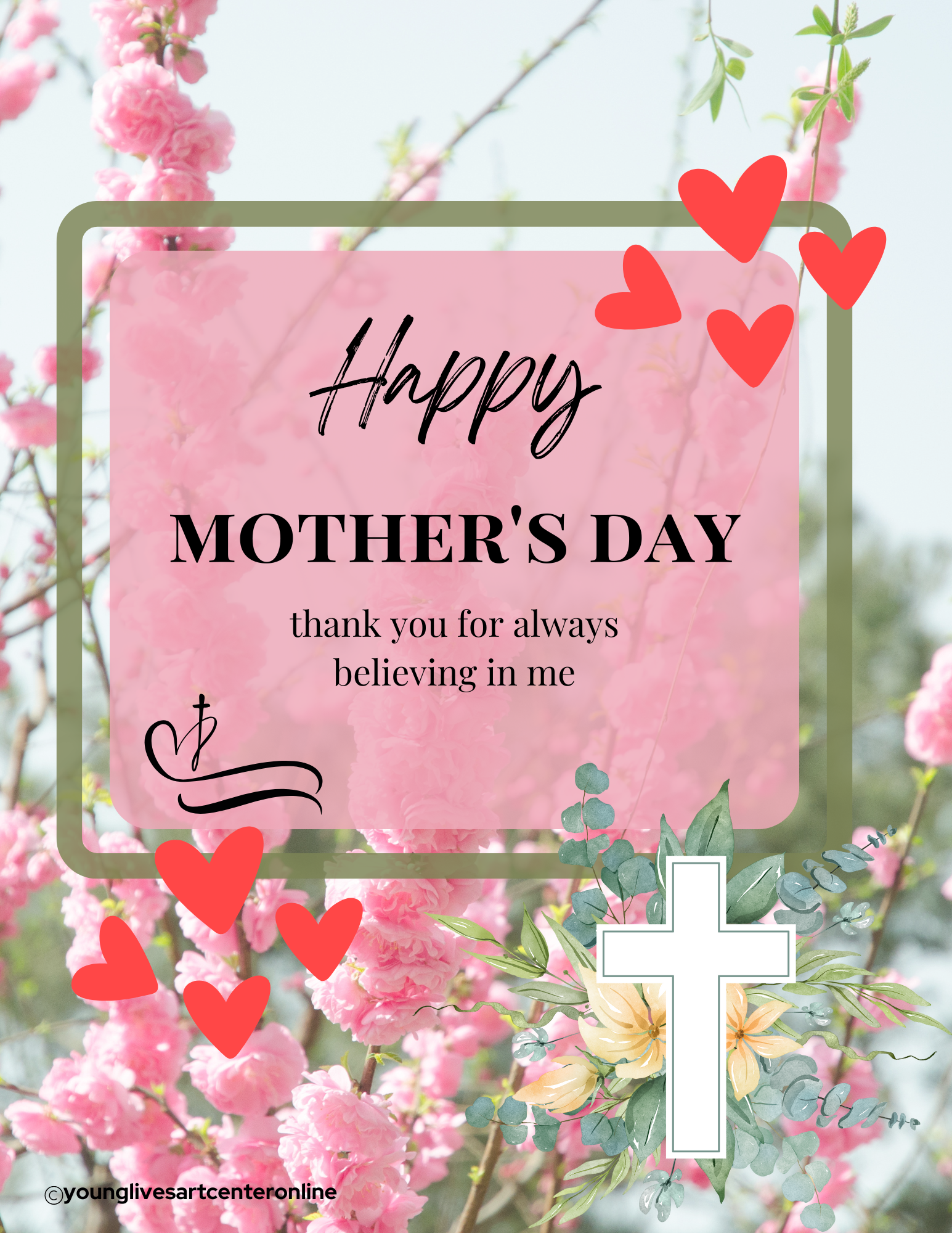 Mother's Day card with pink flowers, red hearts, and a cross. Text: 