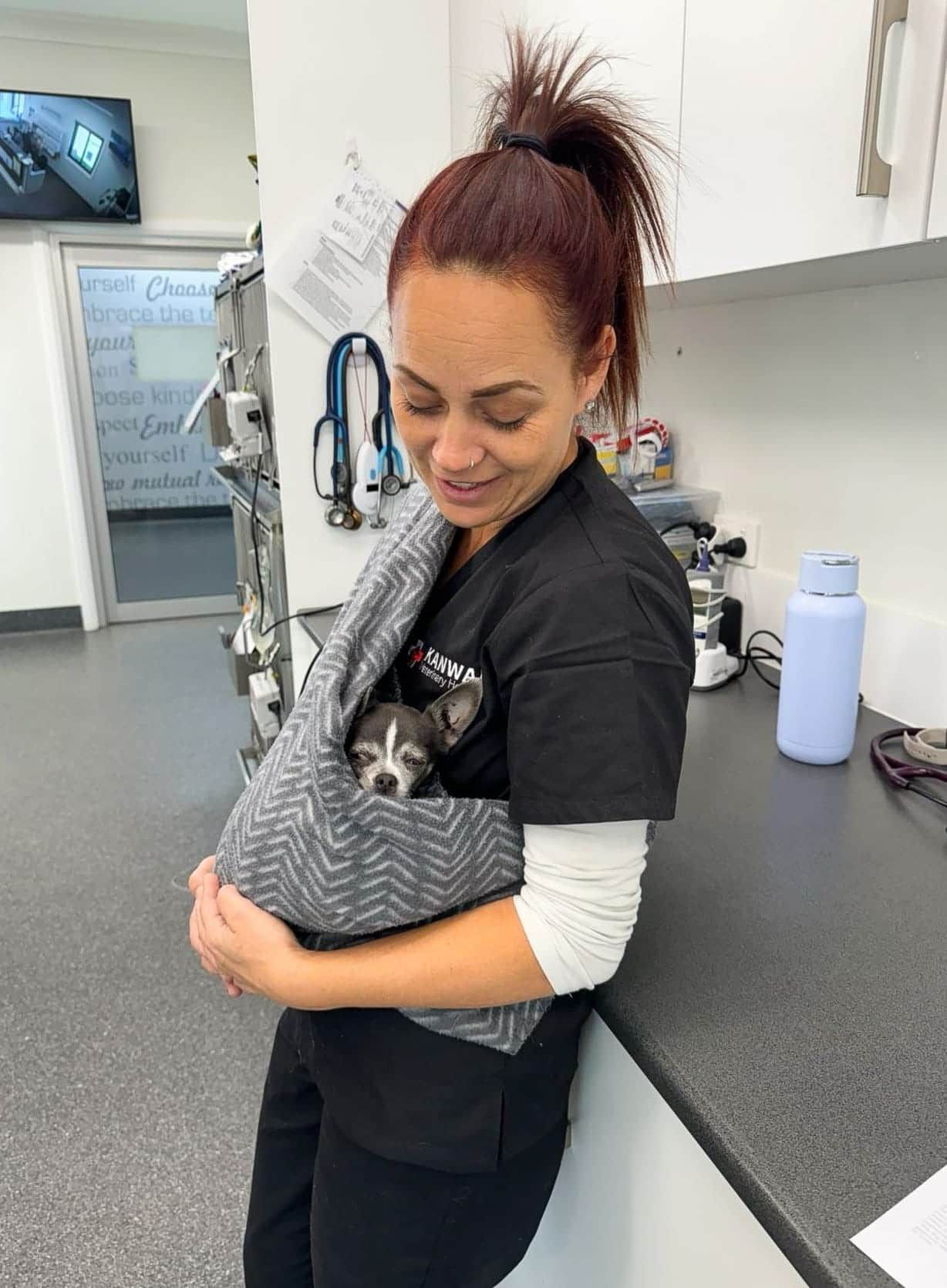 A Woman is Holding a Small Dog in a Sling — Kanwal Veterinary Hospital In Kanwal, NSW