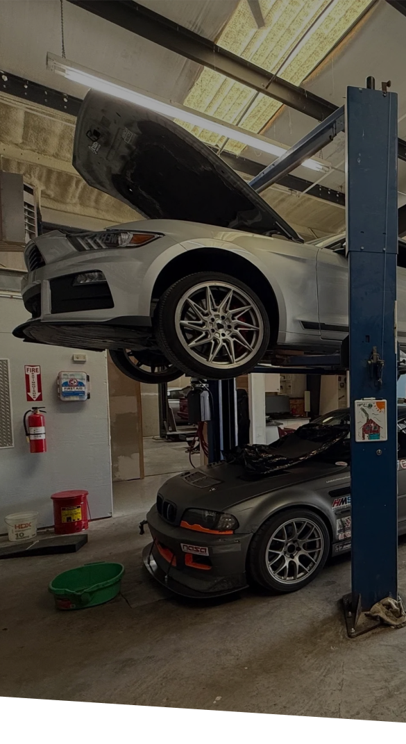 Two cars on a lift in a garage; a white sports car is above a dark gray car, both with hoods open. | Gallery | Euro Speed Werks
