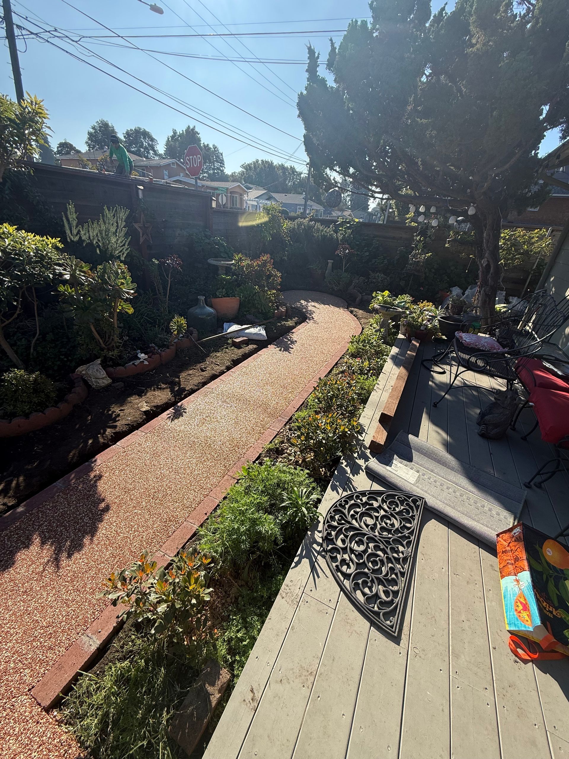 A gravel pathway winds through a garden with lush greenery, leading to a sunny backdrop.