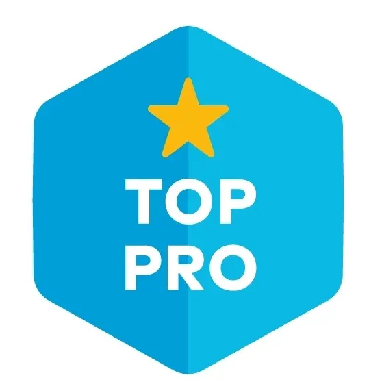 Blue hexagon badge with a gold star and white text reading