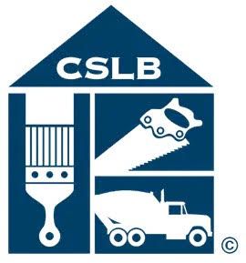 Logo for CSLB: house shape with tools, paintbrush, saw, and cement truck.