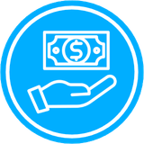 Hand receiving a dollar bill, icon in a blue circle.