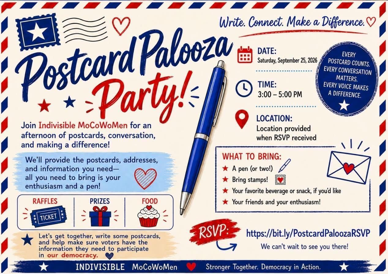 Blue, red, and white “Postcard Palooza Party!” flyer with invitation details and RSVP info.