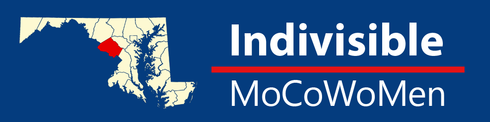 LOGO FOR INDIVISIBLEMOCOWOMEN, Map of Maryland with Montgomery County highlighted red, “Indivisible MoCoWoMen” text.