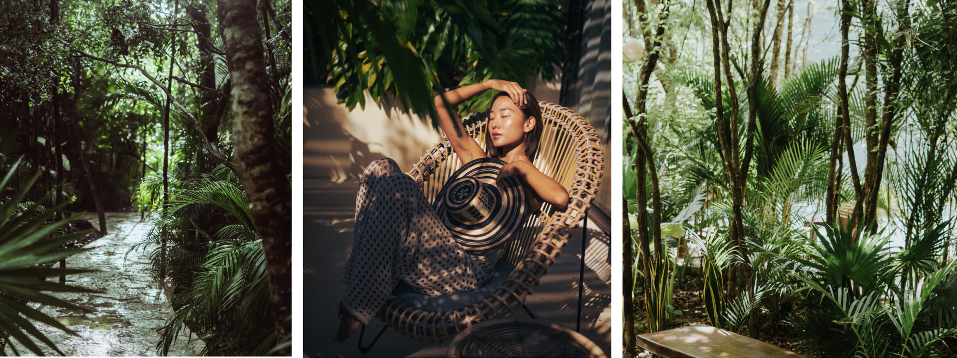 Triptych of tropical scenes: stream, woman in wicker chair, and jungle view with table.