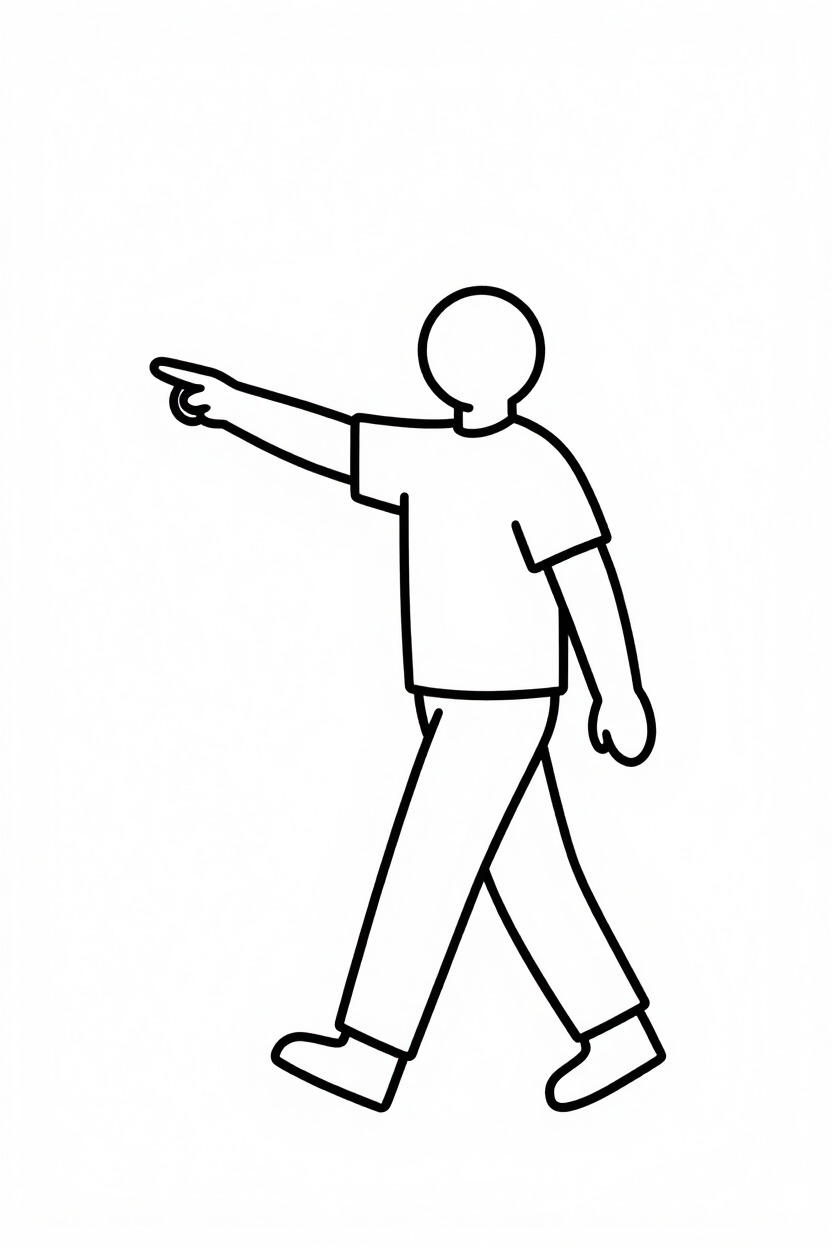 Illustrated line figure walking and pointing left