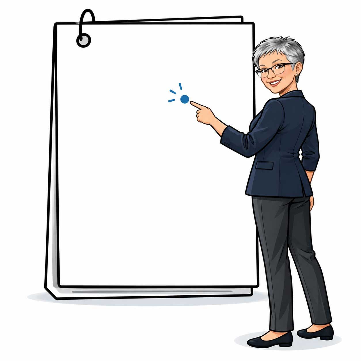 Woman in a navy suit pointing at a blank flip chart with a pointer.