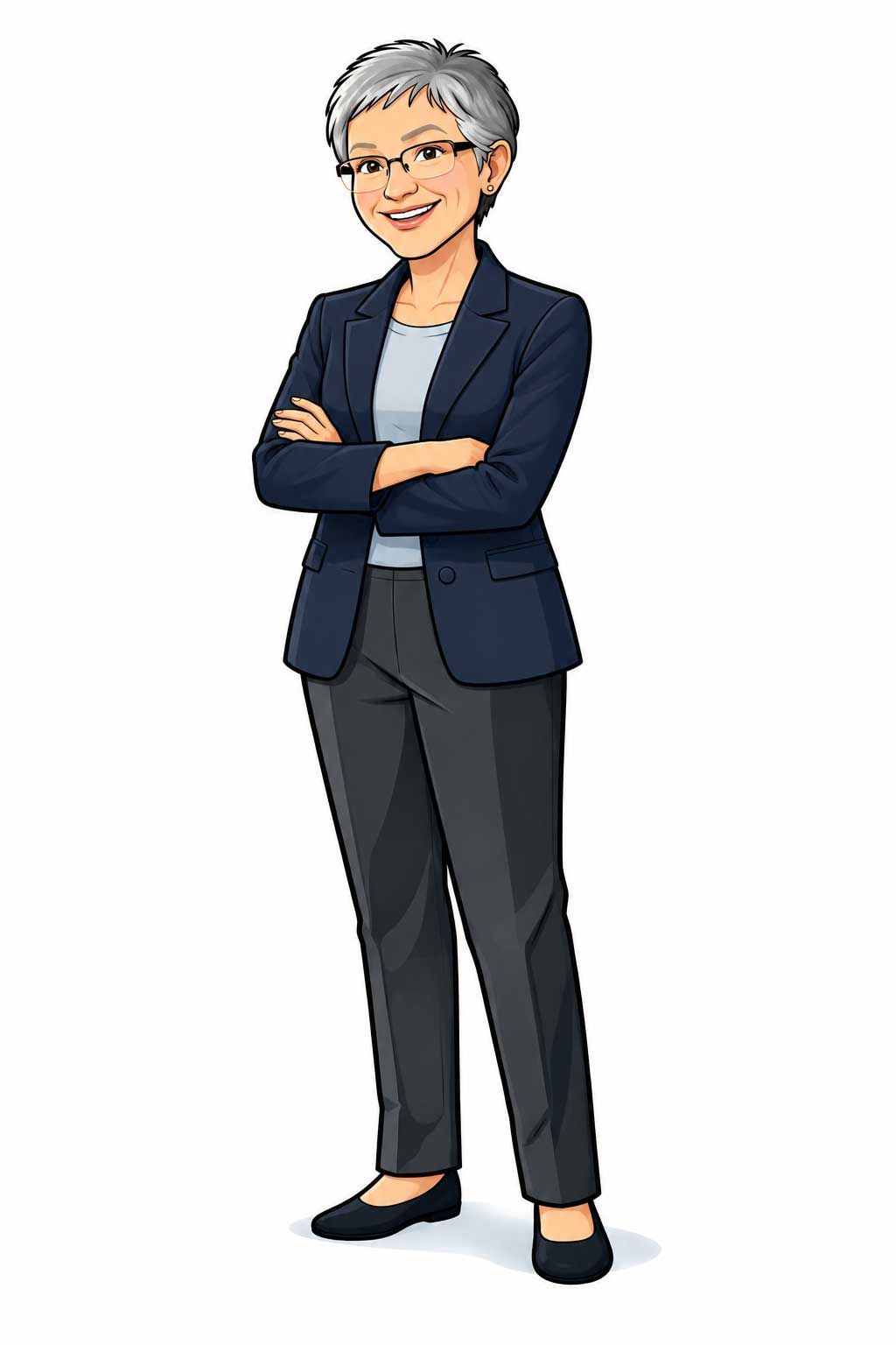 Illustrated line figure of Lee standing and smiling