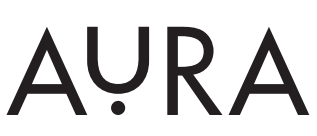 Logotipo con la palabra AURA en una tipografía estilizada, con la letra U marcada con un punto debajo.
