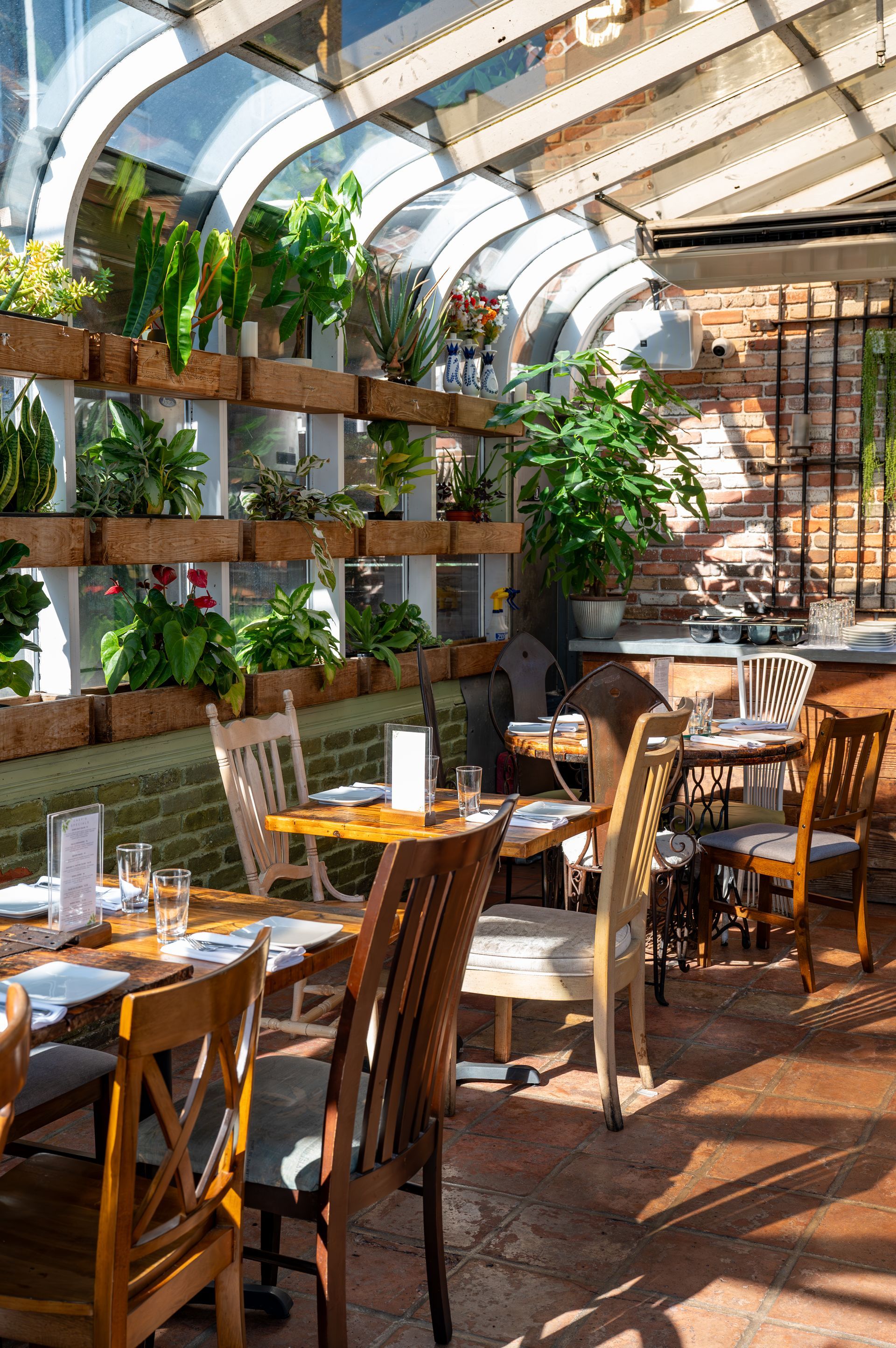 A restaurant with tables and chairs and plants on the wall.