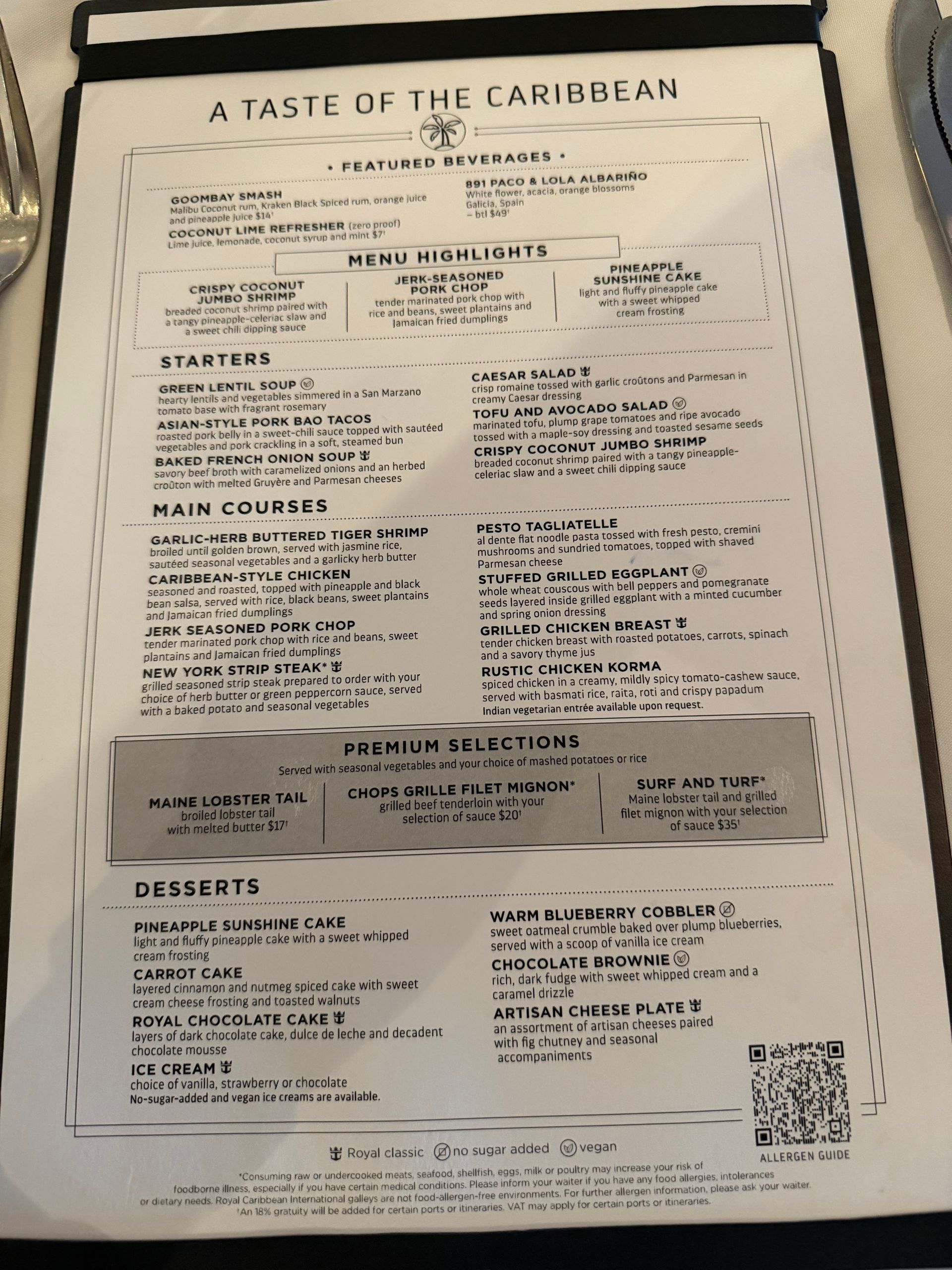 Menu wonder of the seas