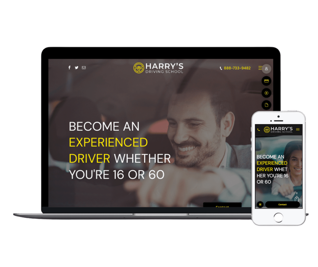Laptop and phone displaying a driving school website: Man smiling, text "Become an Experienced Driver."