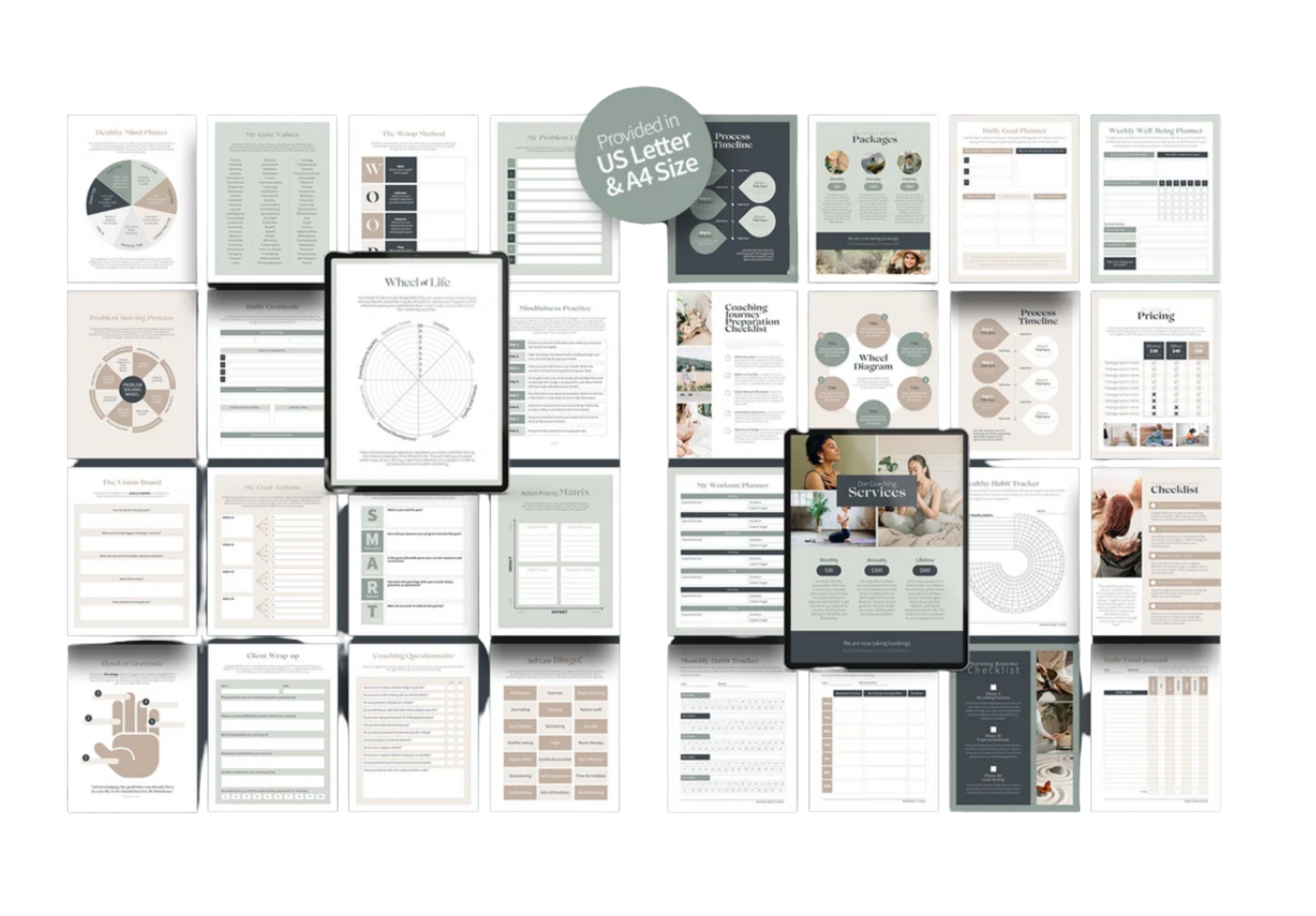 Collection of printable planner pages in neutral tones, offering goal-setting and self-reflection tools. Collection of printable planner pages in neutral tones, offering goal-setting and self-reflection tools.